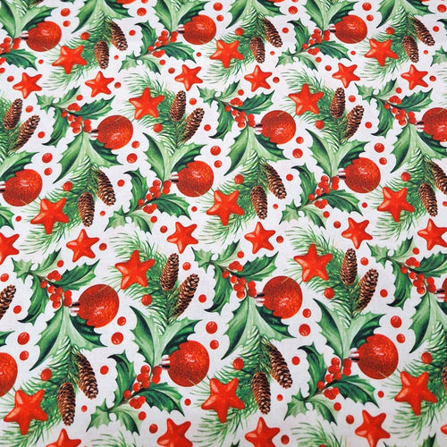 100% Cotton Digital Print - Christmas - Holly & Baubles - The Fabric Counter