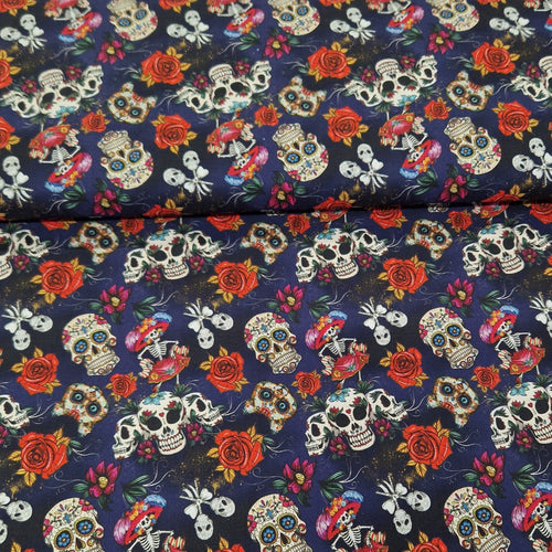 Digital Cotton Print - Halloween Sugar Skulls & Roses - The Fabric Counter
