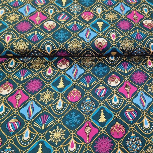 Metallic Foil Christmas 100% Cotton Print - Ornaments - The Fabric Counter