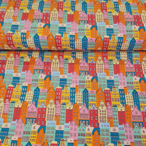 100% Cotton Digital Print - Colourful Houses - The Fabric Counter