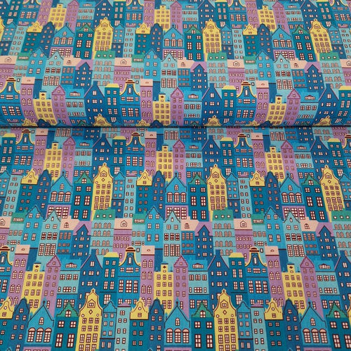 100% Cotton Digital Print - Colourful Houses - The Fabric Counter