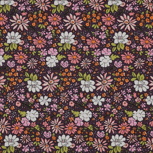 French Terry Cotton Jersey - Flowers (Dark Purple) - The Fabric Counter