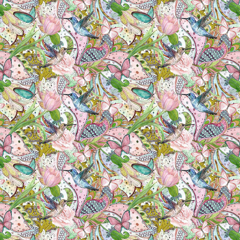 Birds & Butterfly - Digital Cotton Print - The Fabric Counter
