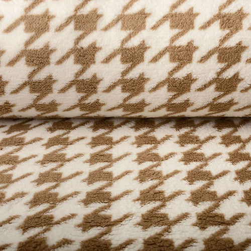 Houndstooth Sherpa Teddy Fleece - Camel - The Fabric Counter