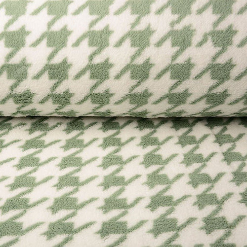Houndstooth Sherpa Teddy Fleece - Sage - The Fabric Counter