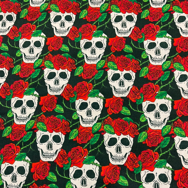 Skull and Roses Polycotton - Red - The Fabric Counter
